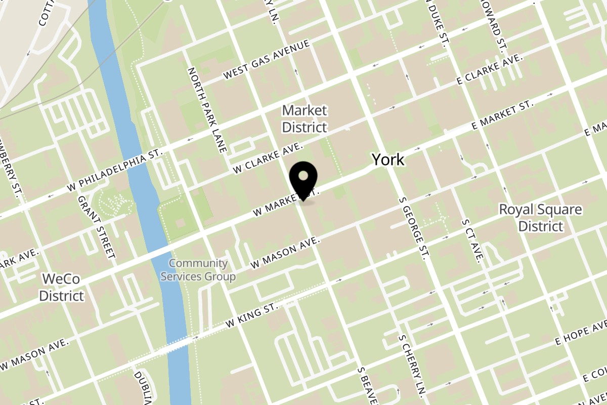 Map showing the location of Men In The Kitchen on 58 W. Market St. in York